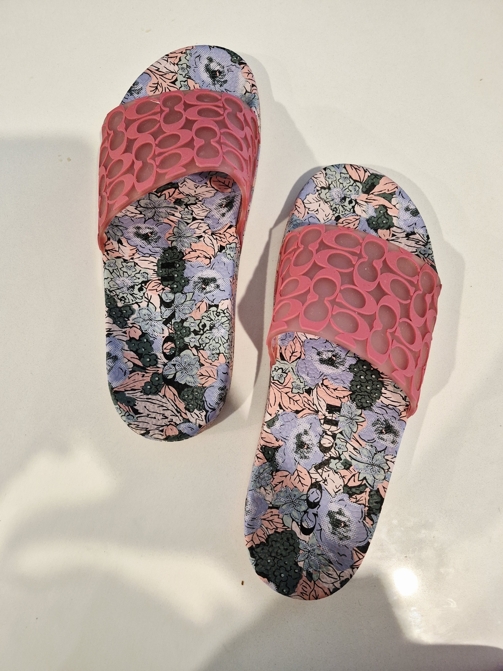 Coach Pink Floral Logo-Detail Slide Sandals